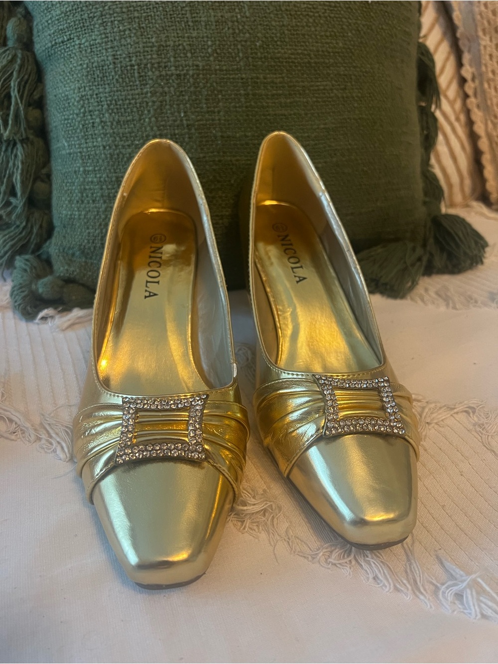 NICOLA Metallic Gold Rhinestone Buckle Low Heel Pumps